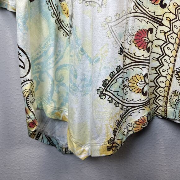 Chico's 2 chicos large Cream Mandala Angled Alyssa Ruched Sleeve Shirt bohemian - Picture 5 of 12